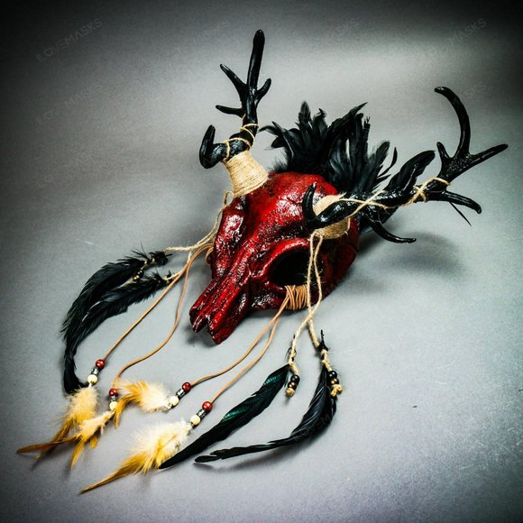 Bloody Red Antelope Devil Deer Horn Skull Mask - Picture 5 of 10